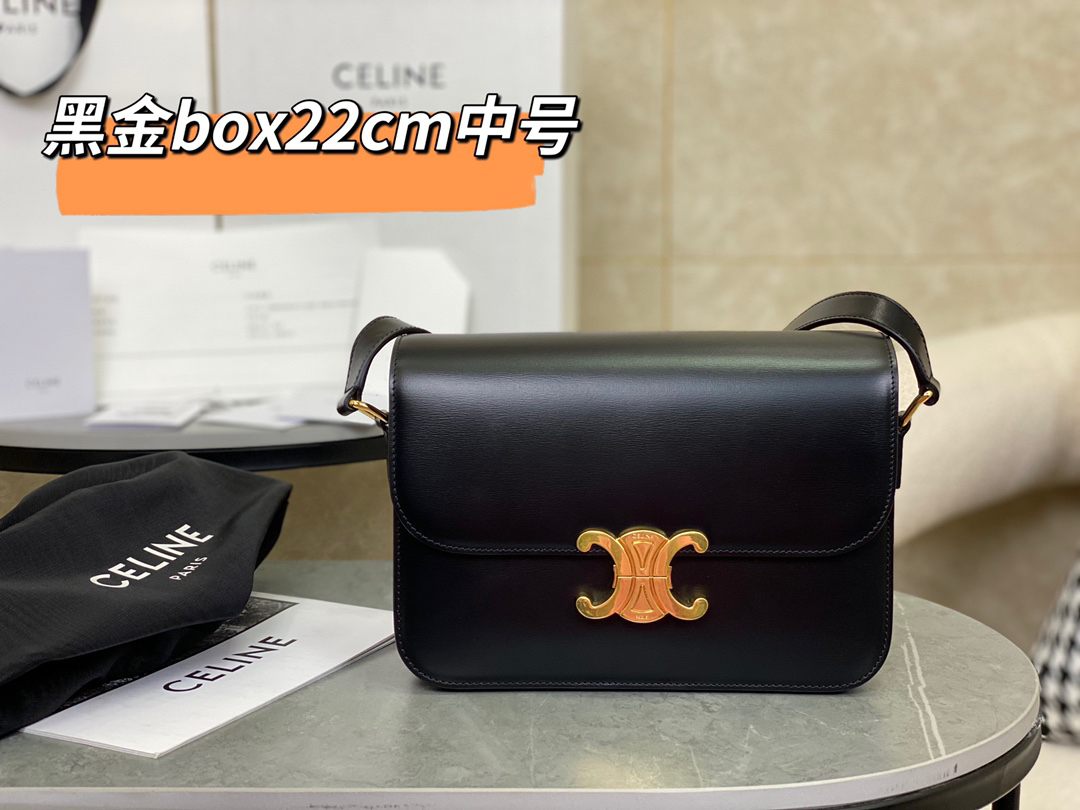 [TOP] CELINE Triomphe Bag Box Leather 22.5x16.5x7.5cm - Black - 711 Luxury