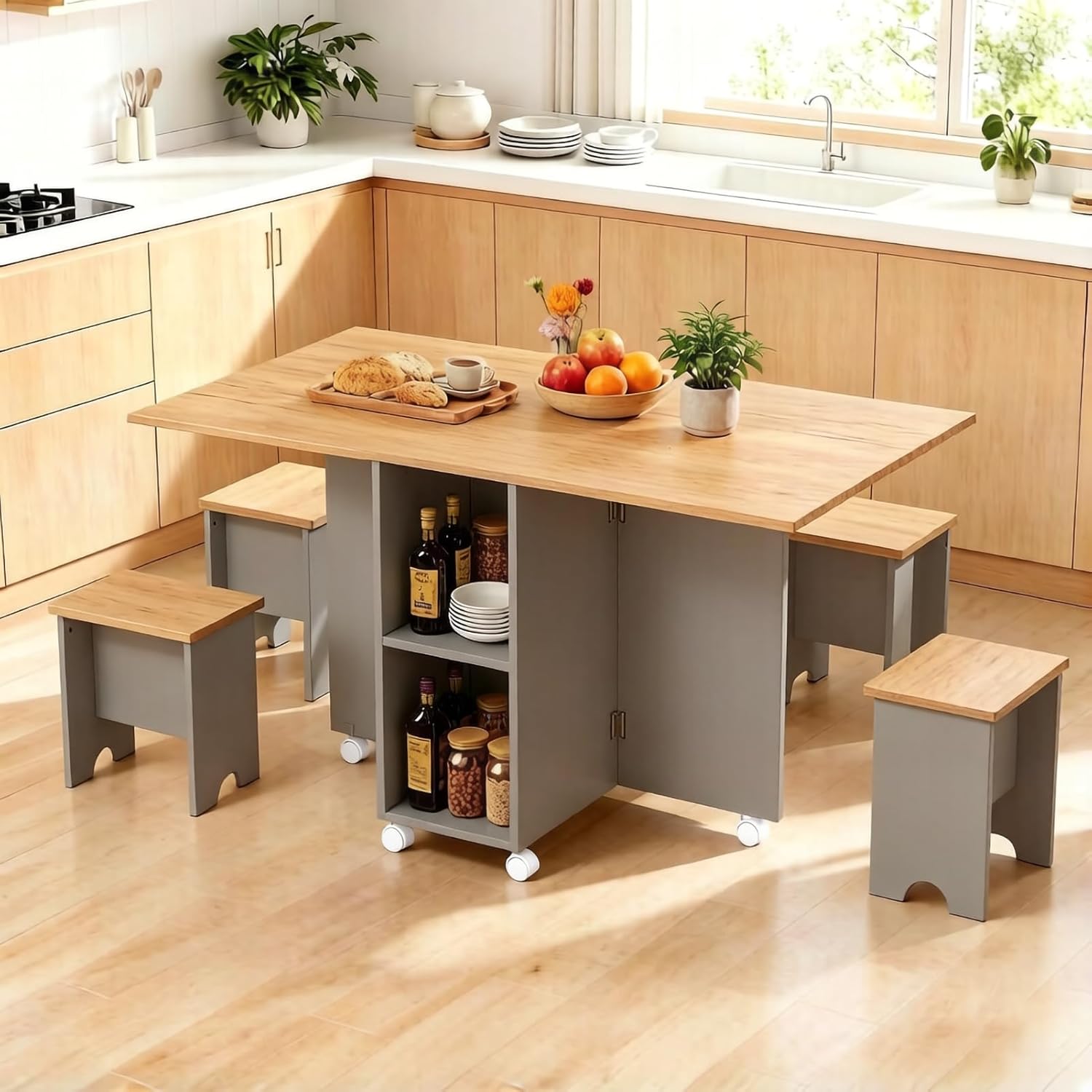 Warmiehomy 5 Piece Folding Dining Table and Chairs Wooden Drop Leaf Dining Table with Storage Shelves & 6 Wheels and Kitchen Stools Set of 4 for Compact Apartment Home Living Room, Space Saving
