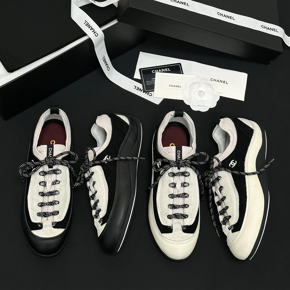 Chanel black Shoes CHANEL Sneakers Velvet Calfskin Mixed Fibers Black White #386505 | Nigo Office