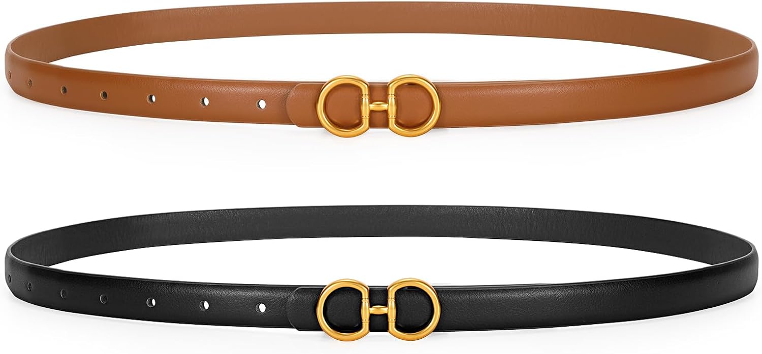 CESCOSI Women Skinny Leather Belts Ladies 2 Pack Thin Waist Belts with Gold Buckle for Dresses 0.7 Width