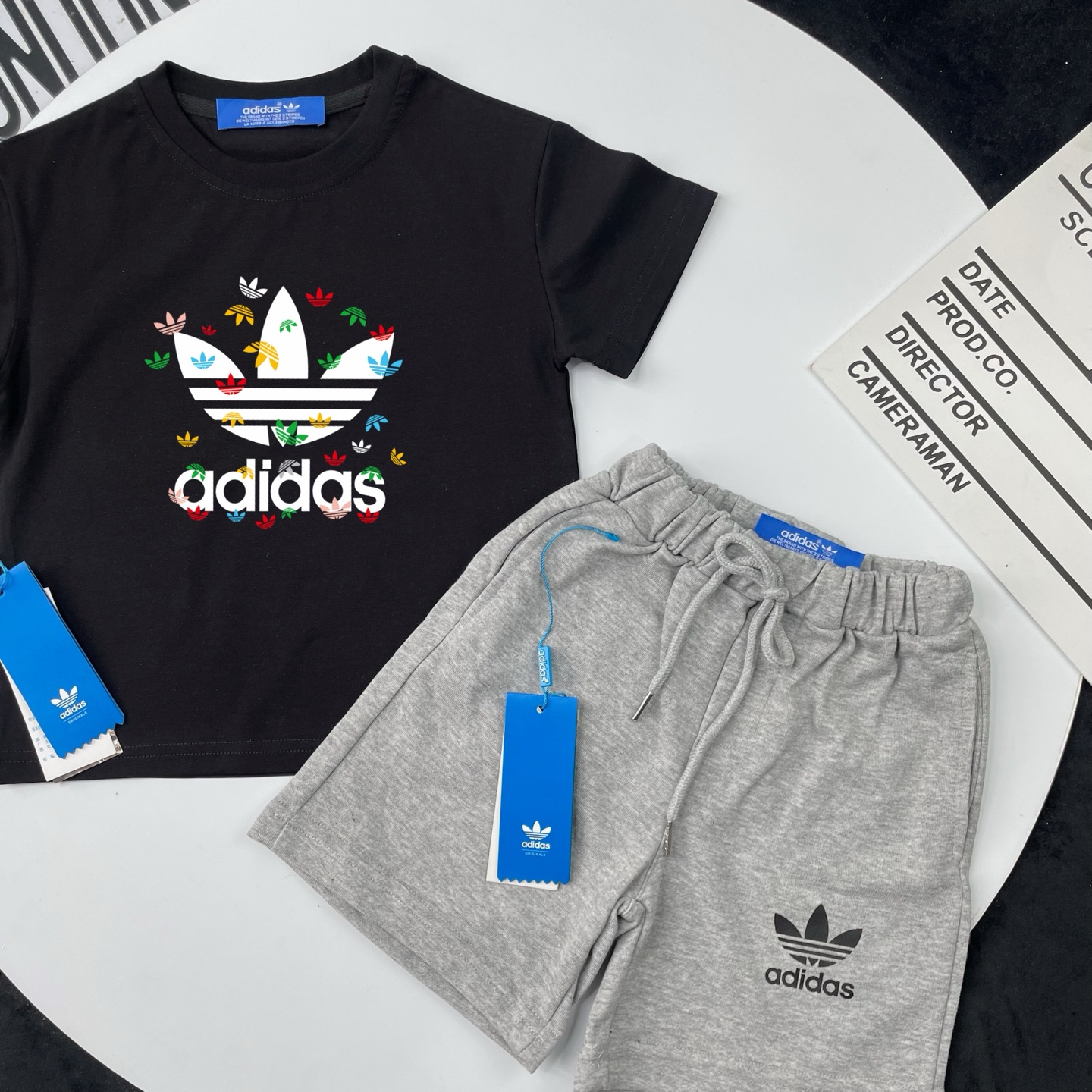 Adidas Kids 2Pcs Colorful Mini Trefoil Graphic Tee & French Terry Sweat Shorts Set For Boys Girls Full Original Tags Sizes 90-150