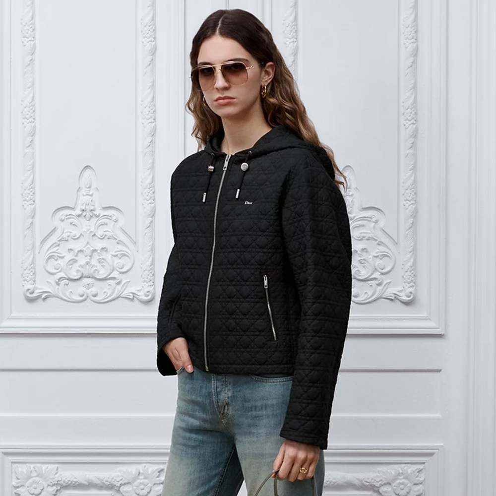 Dior black Clothing DIOR Top-quality Version Zipped Macrocannage Jacket with Hood Black Quilted Technical Taffeta #378160 | N