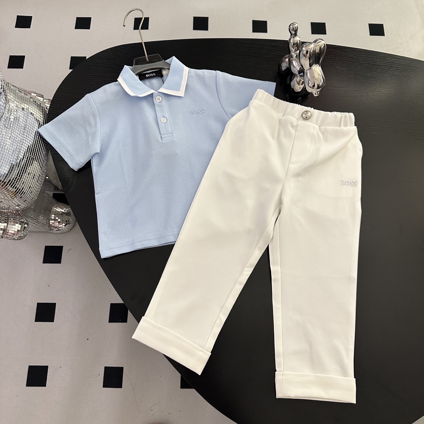 Boss Unisex Kids Light White Trim Collar Short Sleeve Polo Shirt & White Cuffed Straight Long Pants Set Boys Girls Sizes 90-150