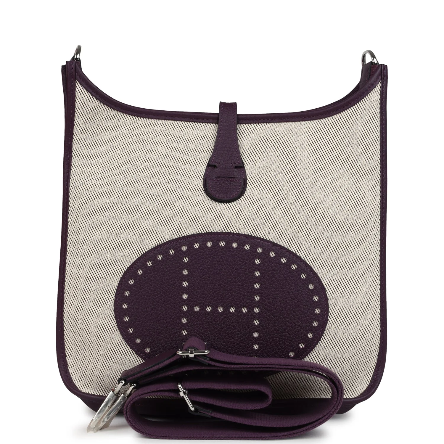 Hermes Evelyne III PM Cassis Clemence and Ecru Toile H Palladium Hardware