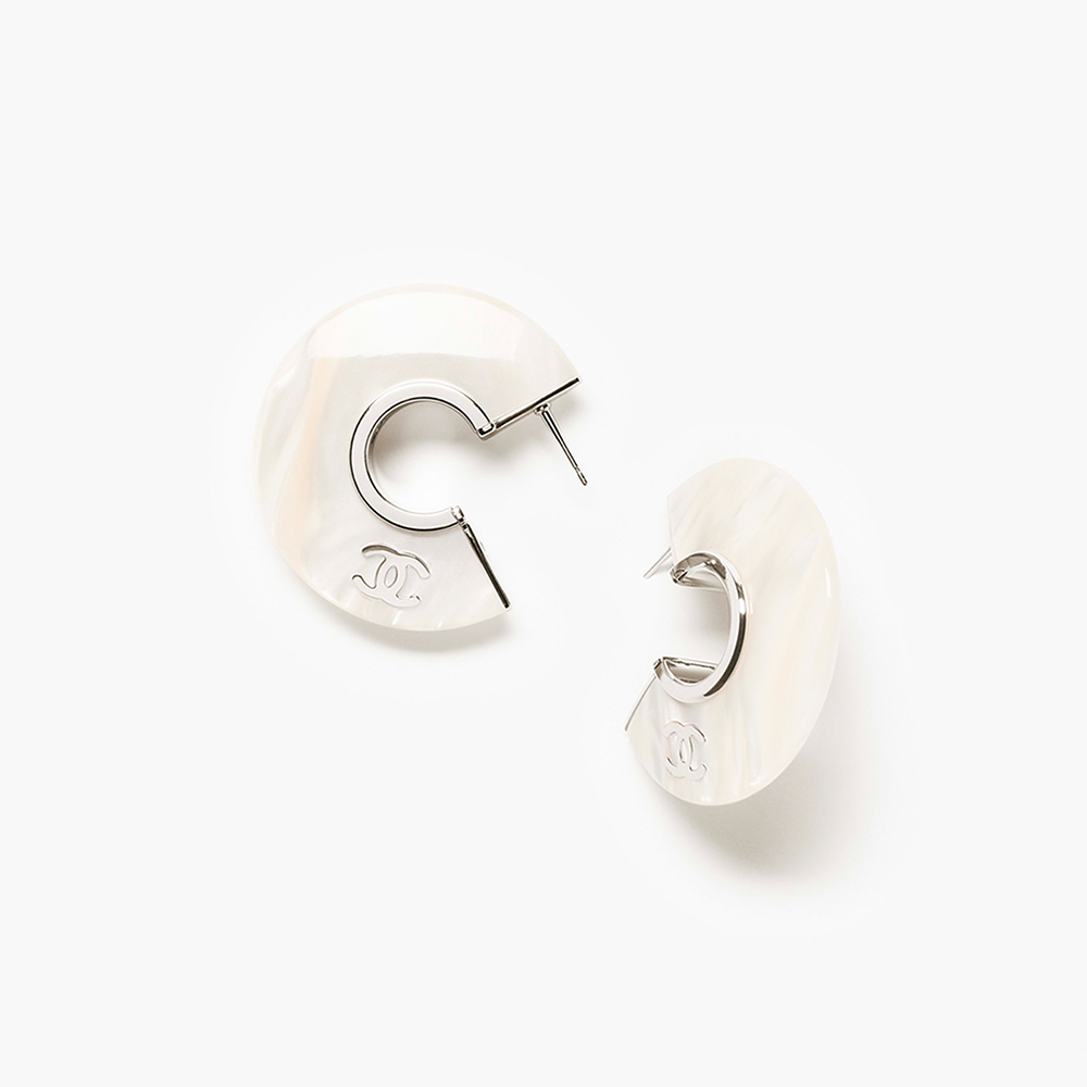 Chanel white Jewelry CHANEL Hoop Earrings Metal & Resin Silver & Pearl White #390541 | Nigo Office