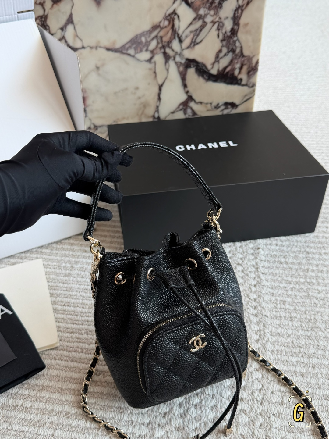 Chanel Classic Bucket Bag with Chain Strap and Logo Emblem (Replica)