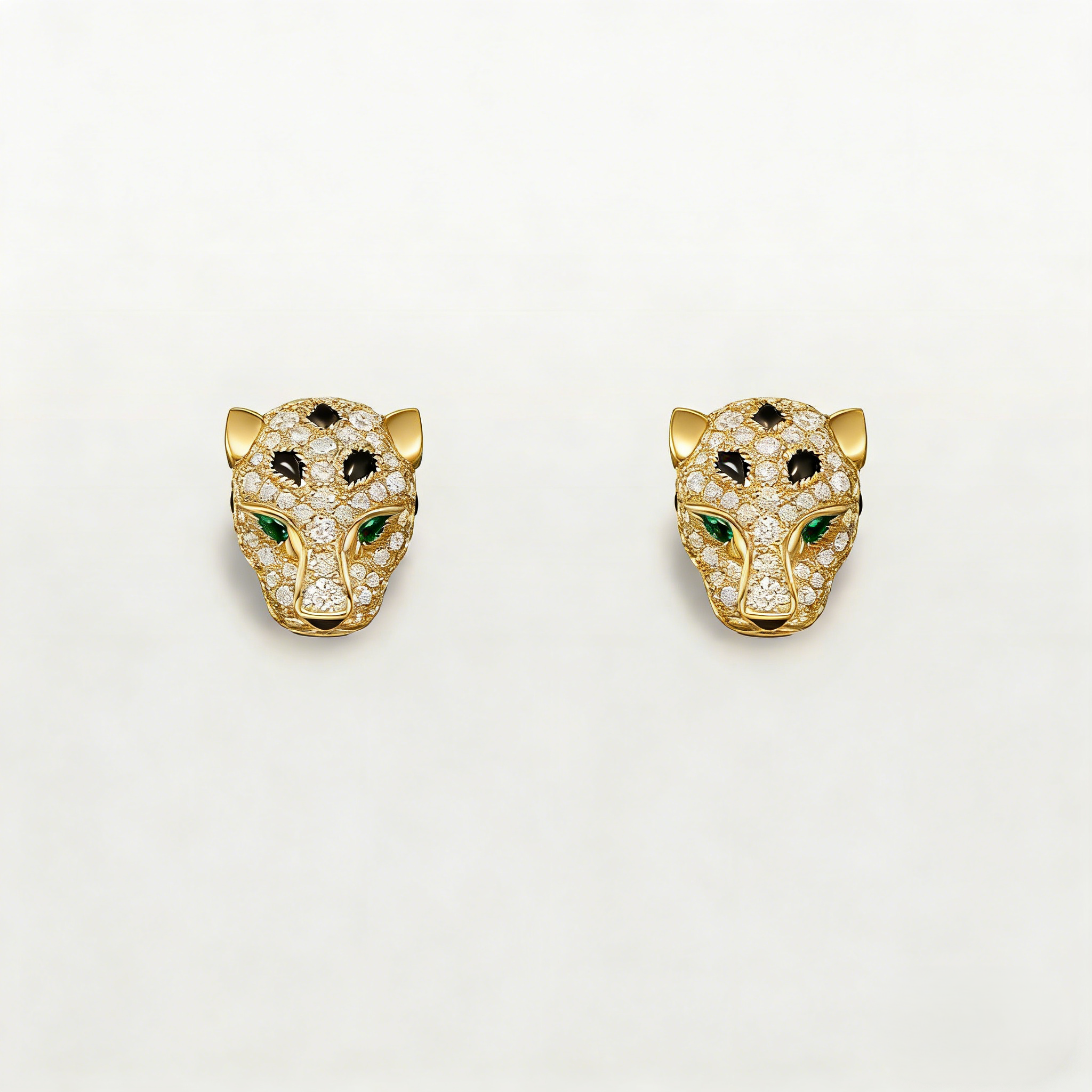 Carty Panther Motif Earrings,Yellow Gold, Paved Moissanite