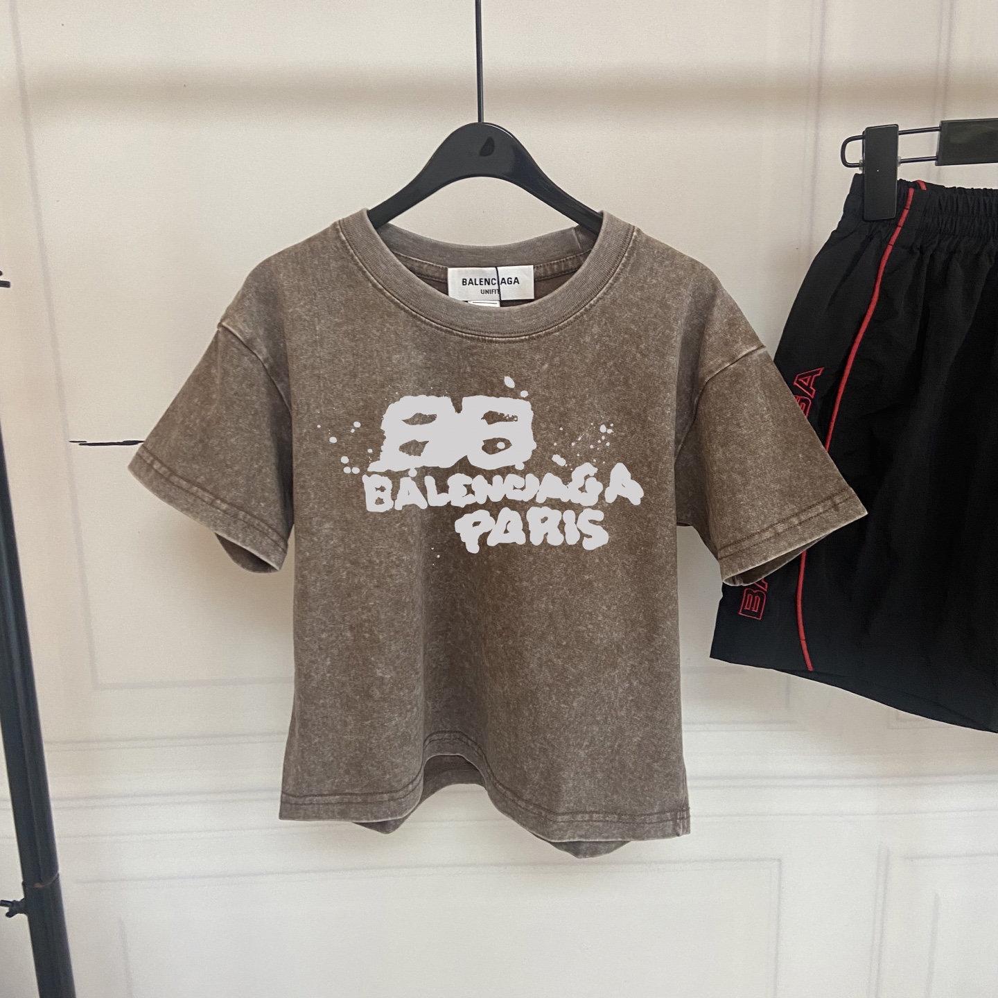Balenciaga Unisex Kids Vintage Brown Washed BB Graffiti Short Sleeve T-Shirt & Black Red Side Logo Stripe Casual Shorts 3 Piece Outfit Set Boys Girls Sizes 100-160