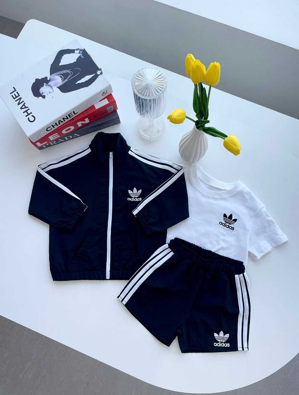 Adidas Kids 3Pcs Sun Protection Tracksuit For Boys Girls Striped Zipper Jacket Tee & Shorts Sizes 80-130