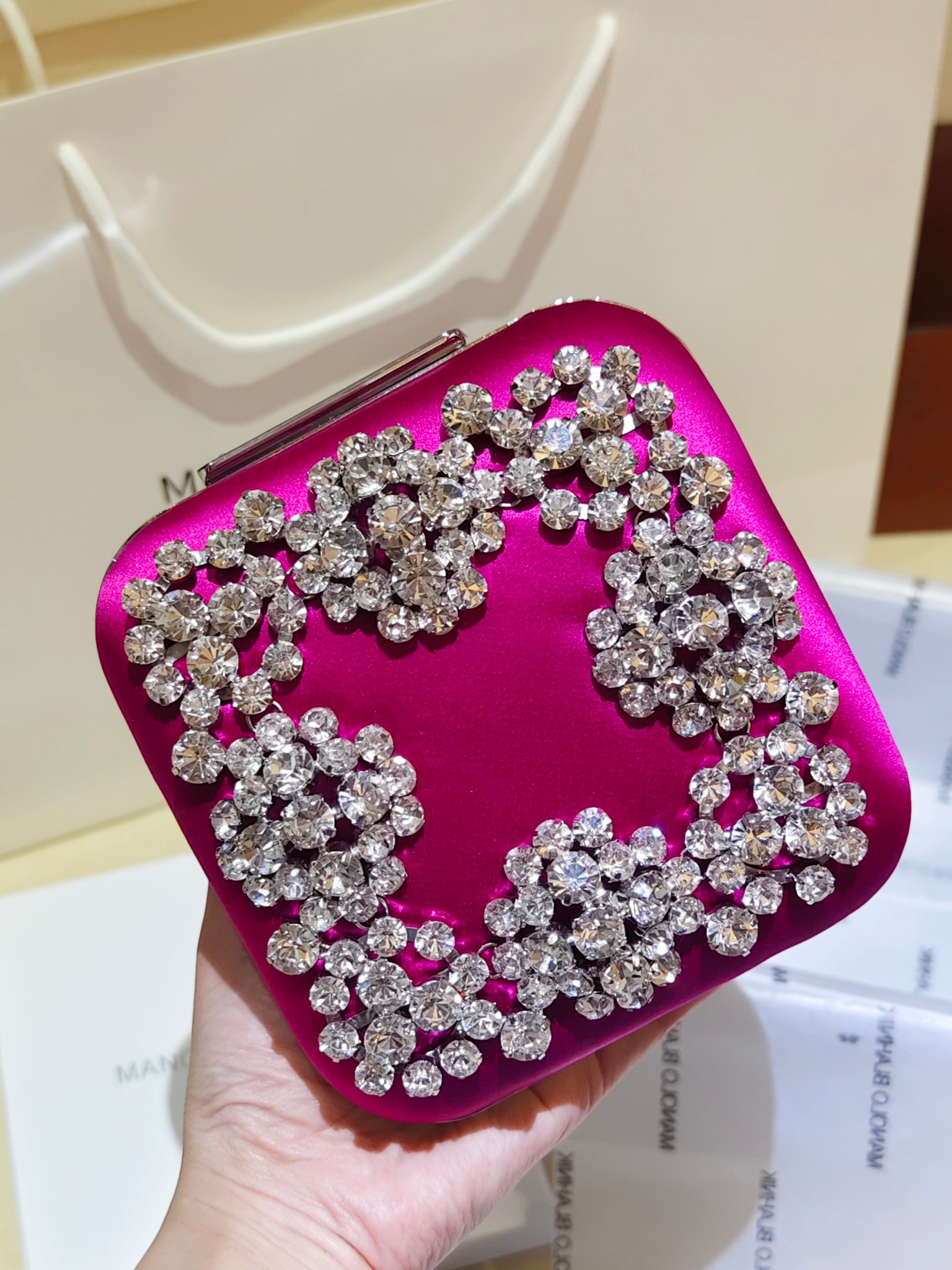 [TOP] MANOLO BLAHNIK Lace-patterned Square Bag 15.8*17*7.3cm - Rose Pink - 711 Luxury