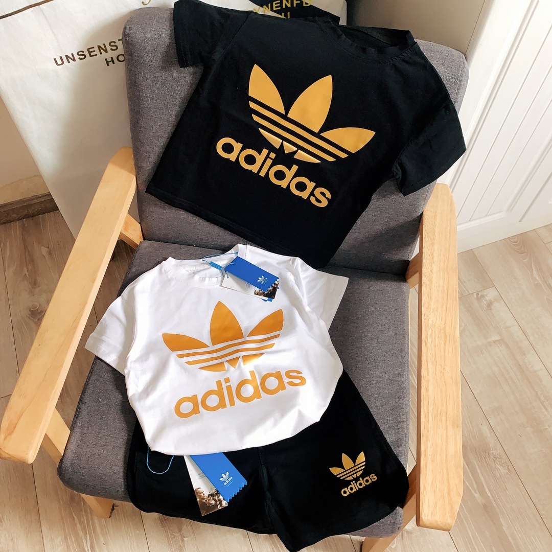 Adidas Kids 2Pcs Gold Foil Big Trefoil Tee & French Terry Shorts Outfit For Boys Girls Full Original Tags Sizes 90-150
