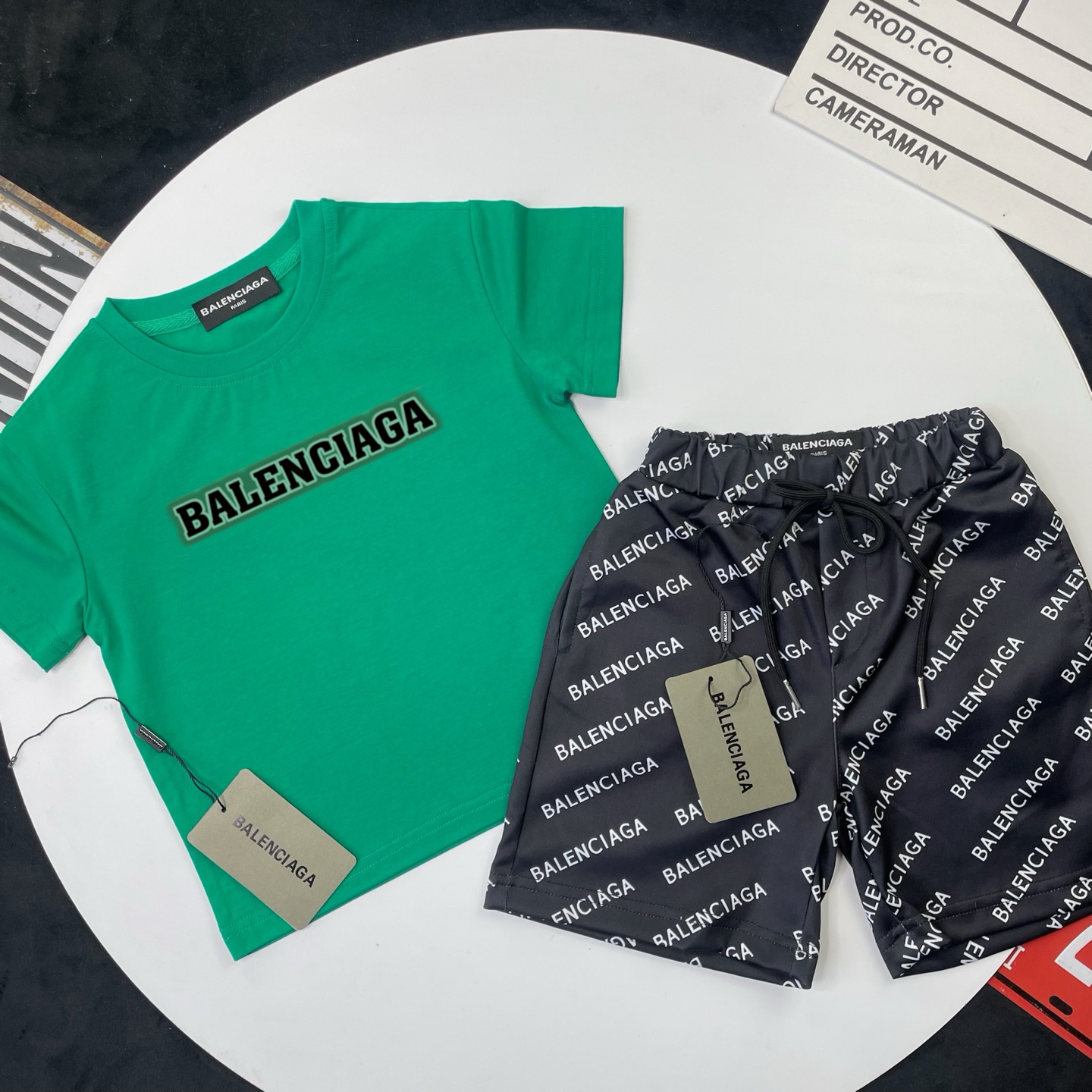 Balenciaga Unisex Kids Bright Green Green Glow Border Logo Short Sleeve T-Shirt & Black All Over Letter Print Casual Shorts 2 Piece Set Boys Girls Sizes 90-150