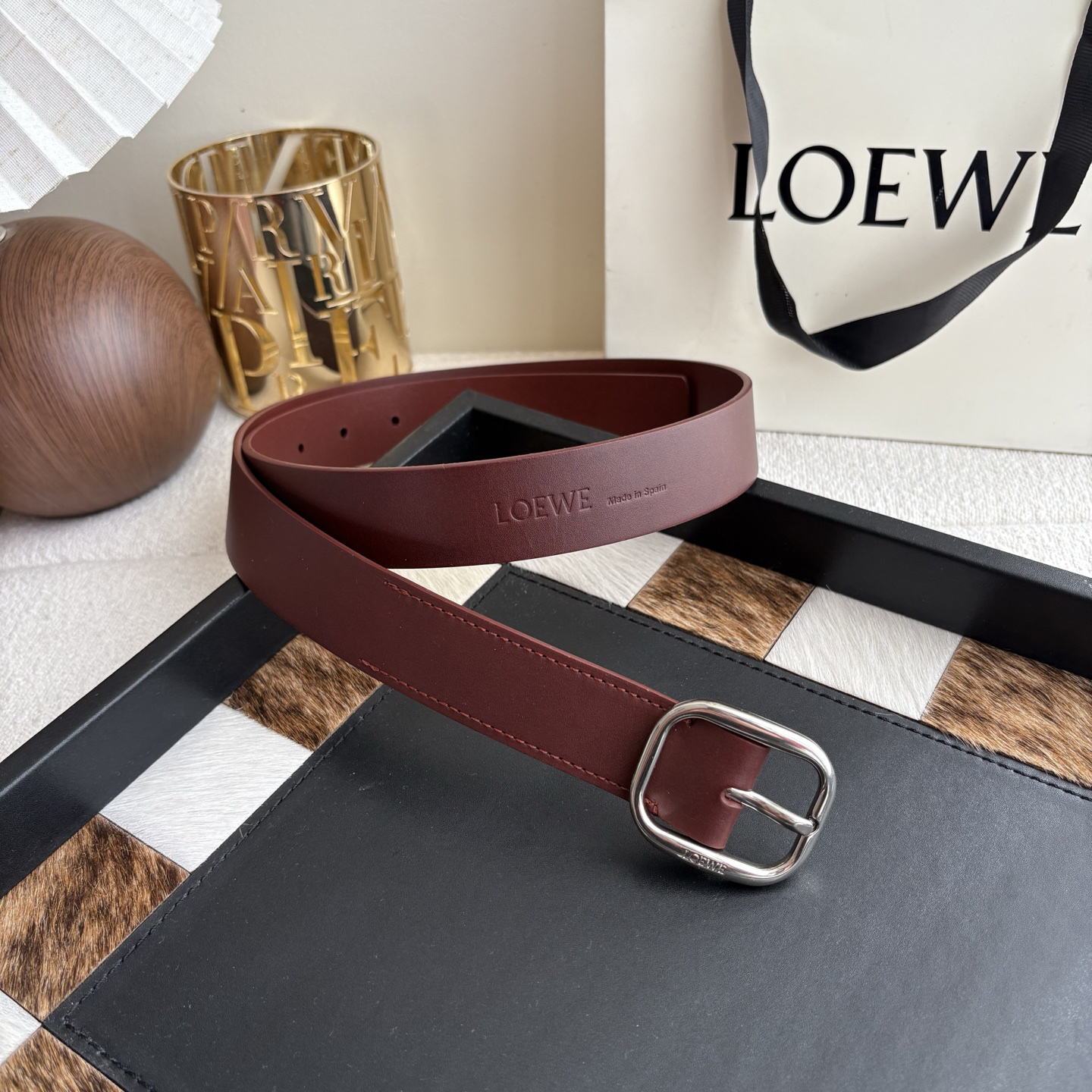 [TOP] LOEWE Pebble Leather Belt 3.2cm - Wine Red - 711 Luxury