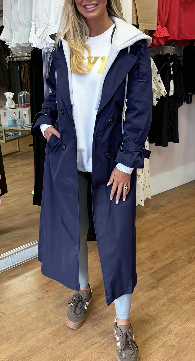 Women's Hooded Lapel Fake Two-piece Casual Long Trench Coat