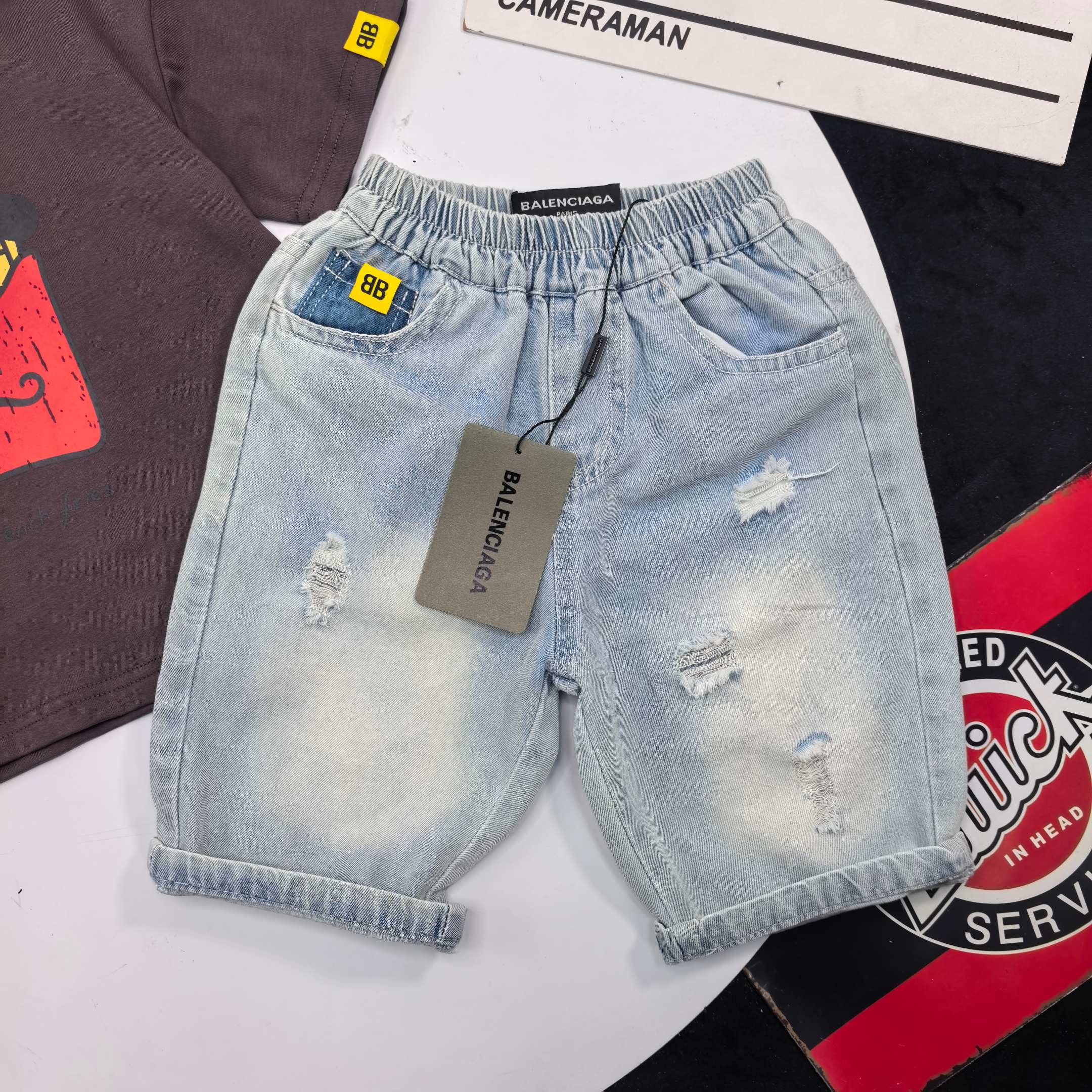 Balenciaga Unisex Kids Cartoon French Fries Print Short Sleeve T-Shirt & Ripped Washed Denim Shorts 2 Piece Set Boys Girls Sizes 90-150