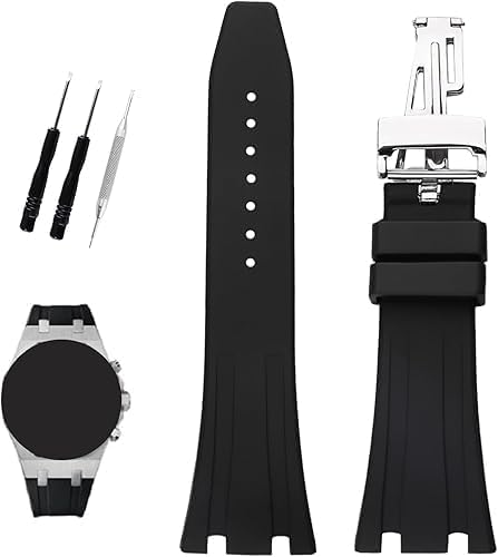 XIW Compatible for 26mm Audemars Piguet AP Royal Oak Offshore Watch 15703 15710 15400 26470 26400 Rubber Watch Band Replacement for men Silicone Wirstband Strap women Bracelet, Silver Buckle