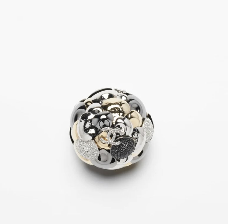 Chanel black Bag Chanel Silver and Gold Metal, Clear and Black Strass Crystal CC Camellia Ball Minaudière Clutch #396313 View