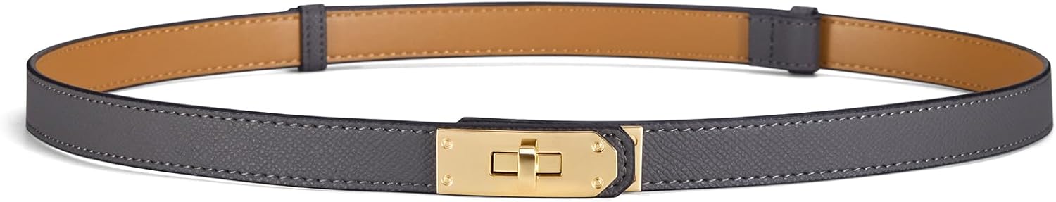 Fianmy Women’s Skinny Leather Belt with Gold or Silver Turn-Lock Buckle – Adjustable Thin Belt for Dresses, Office & Wedding