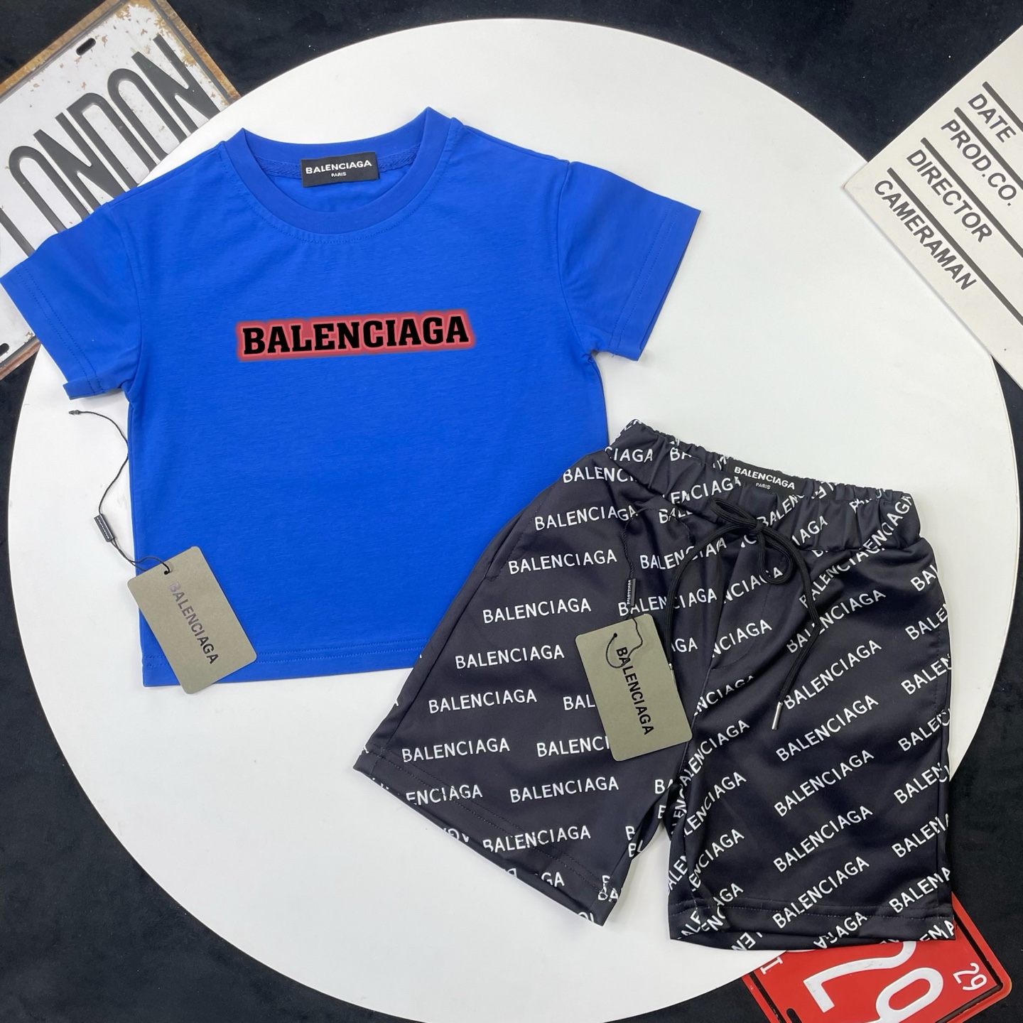 Balenciaga Unisex Kids Red Border Logo Print Short Sleeve T-Shirt & All Over Letter Print Casual Shorts 2 Piece Outfit Boys Girls Sizes 90-150