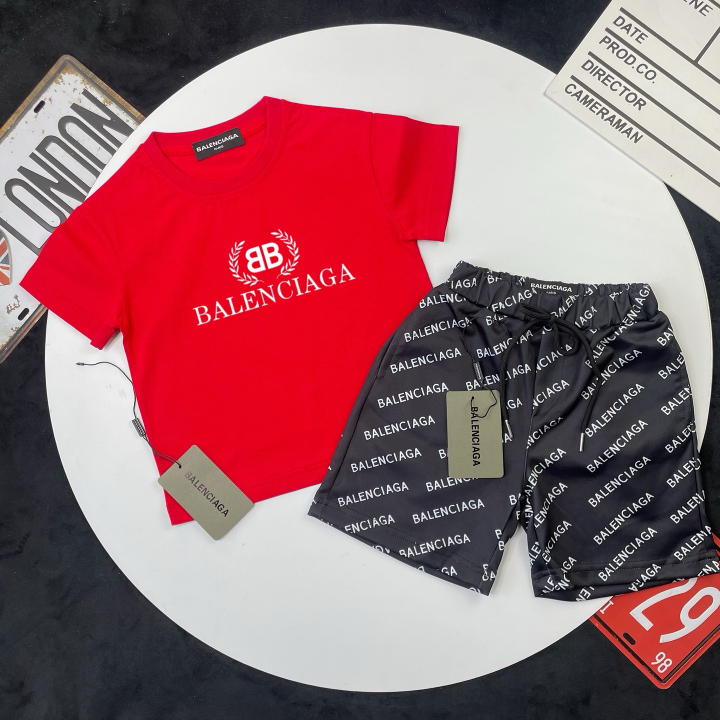 Balenciaga Unisex Kids Red Wreath BB Logo Short Sleeve T-Shirt & Black All Over Letter Print Casual Shorts 2 Piece Set Boys Girls Sizes 90-150