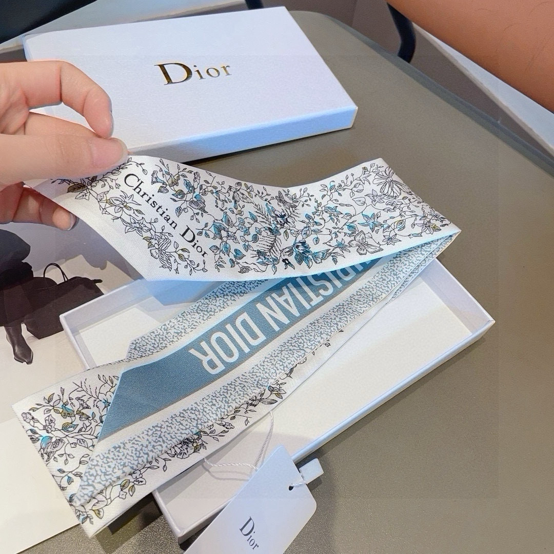 [TOP] Christian Dior Twilly Scarf - White and Blue - 711 Luxury