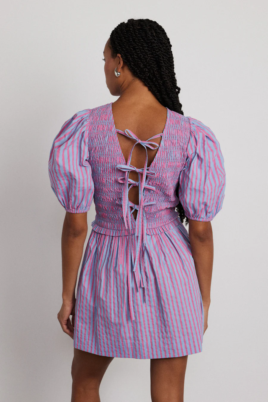 bluebelle shirred mini dress - pink & blue stripe