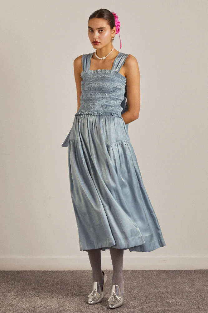 tish midi dress - blue glass satin