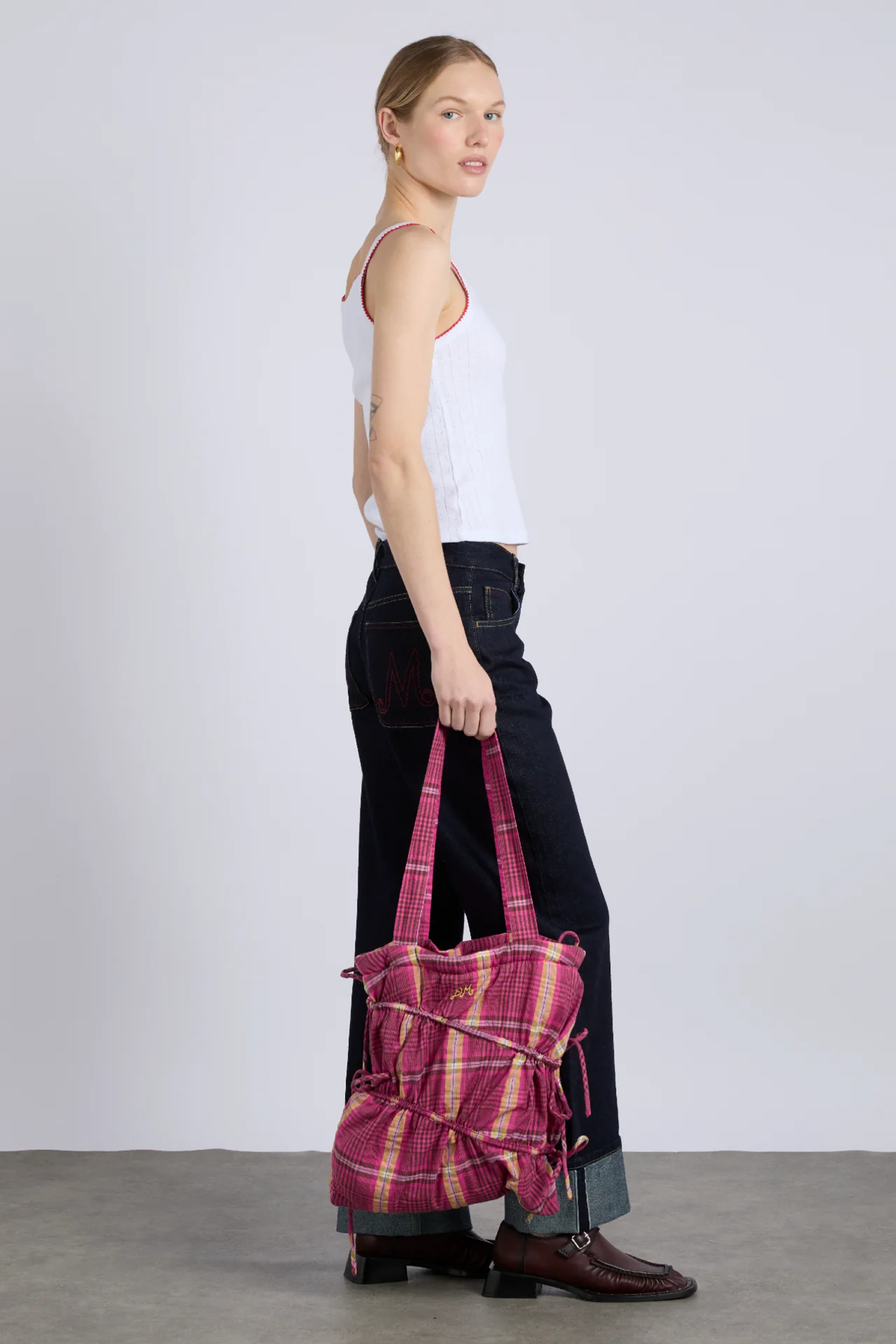 wavy bow tote bag in pink & khaki check
