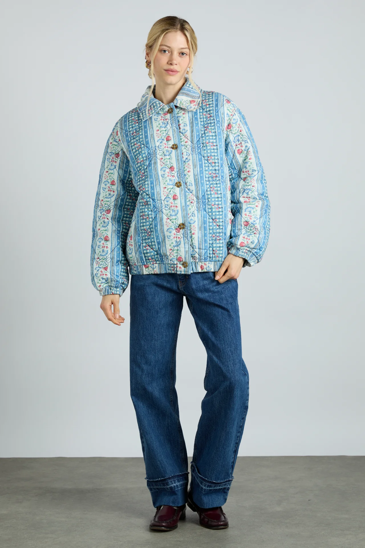 reversible claudia jacket- blue stripe & wallpaper floral