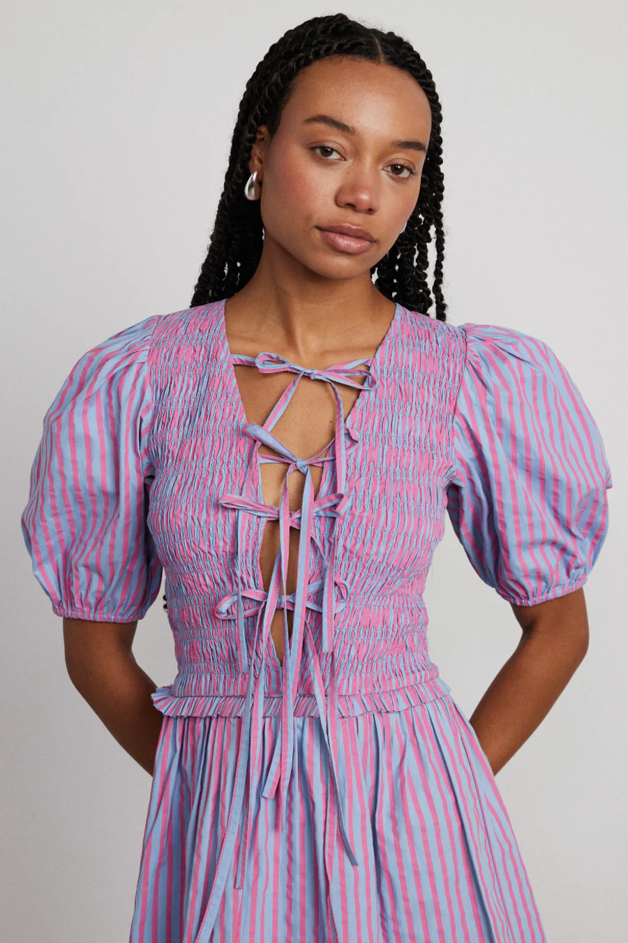 bluebelle shirred mini dress - pink & blue stripe
