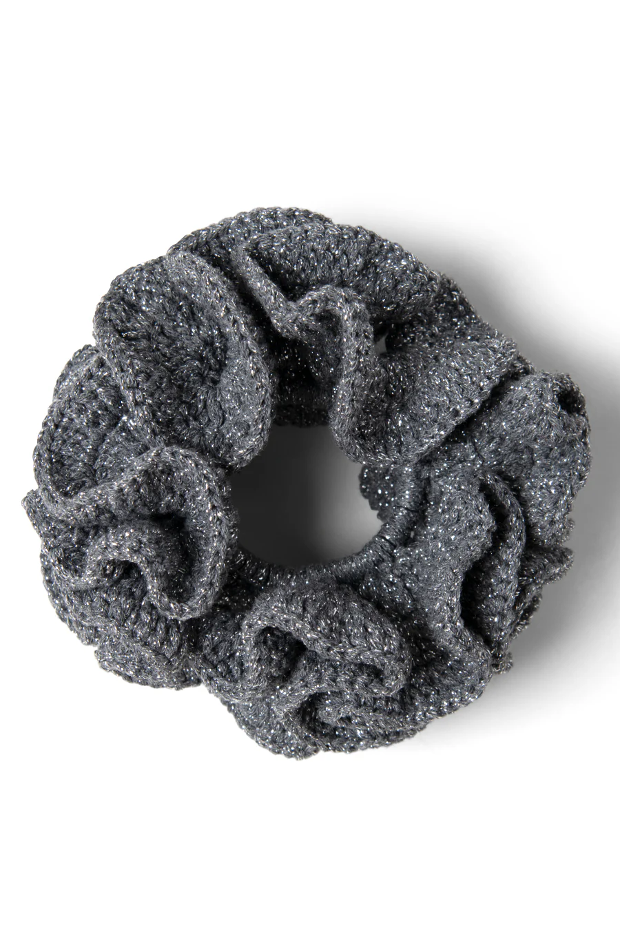 wiggle crochet scrunchie in silver metallic knit