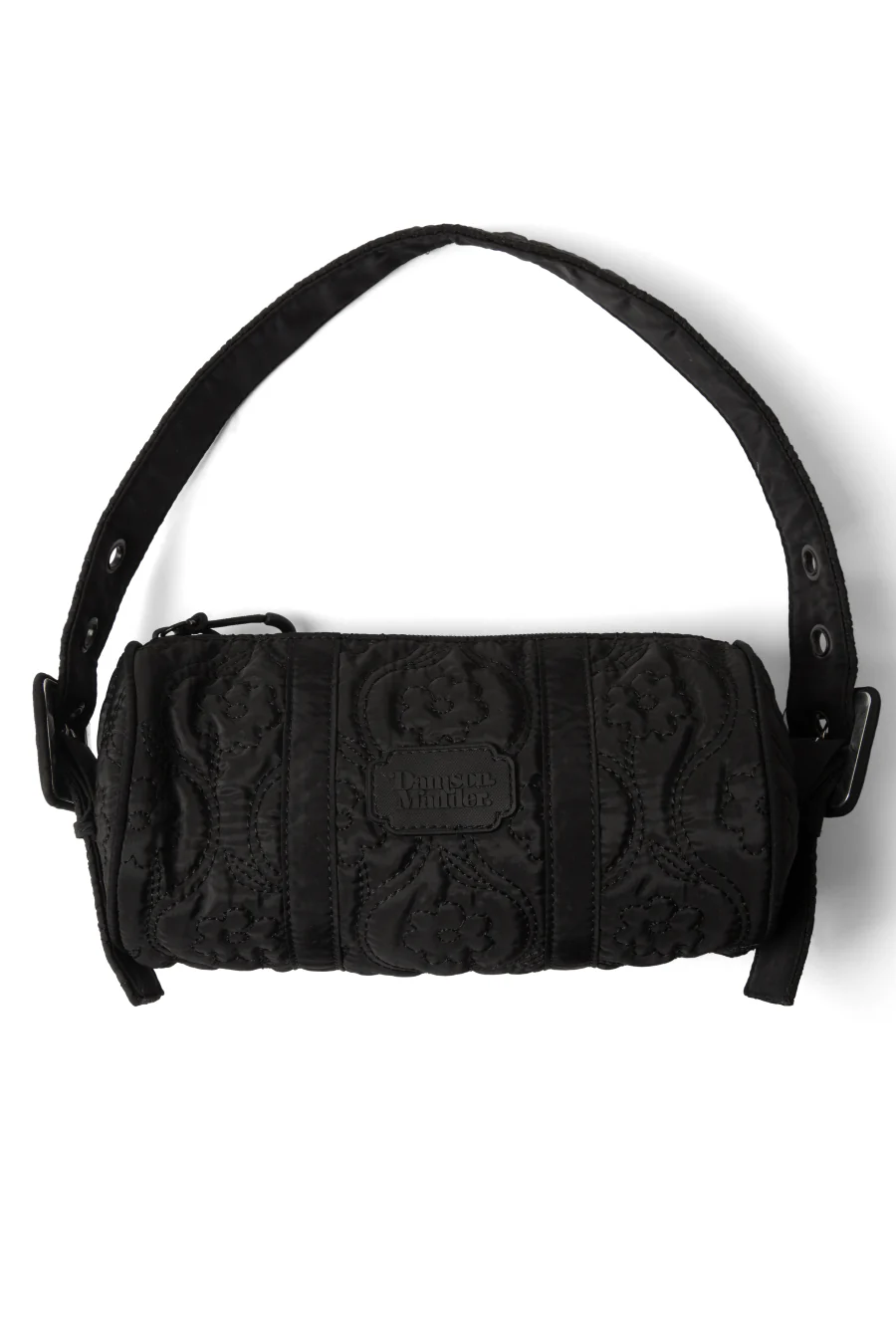 barrel bag in black floral stitch