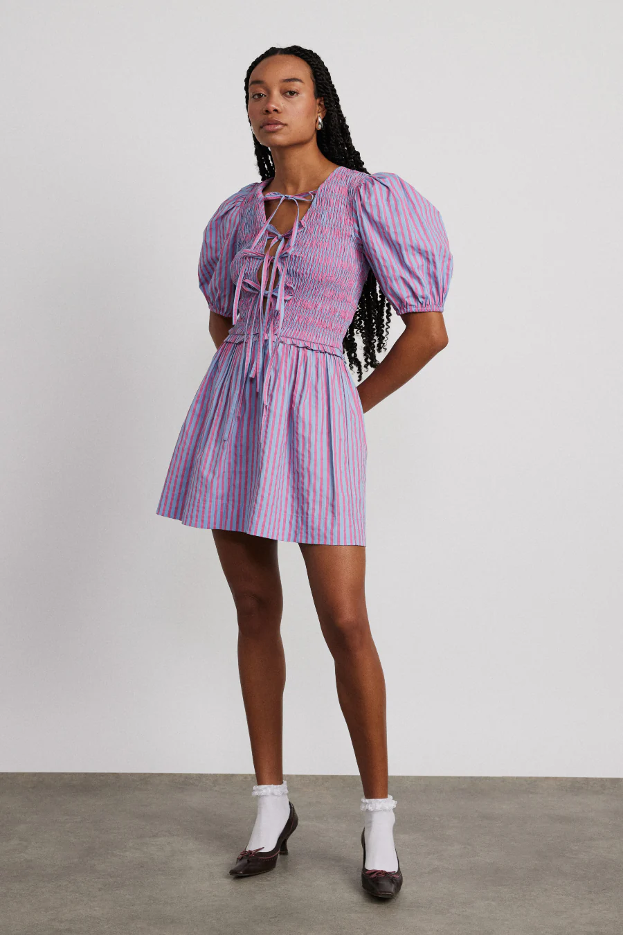 bluebelle shirred mini dress - pink & blue stripe