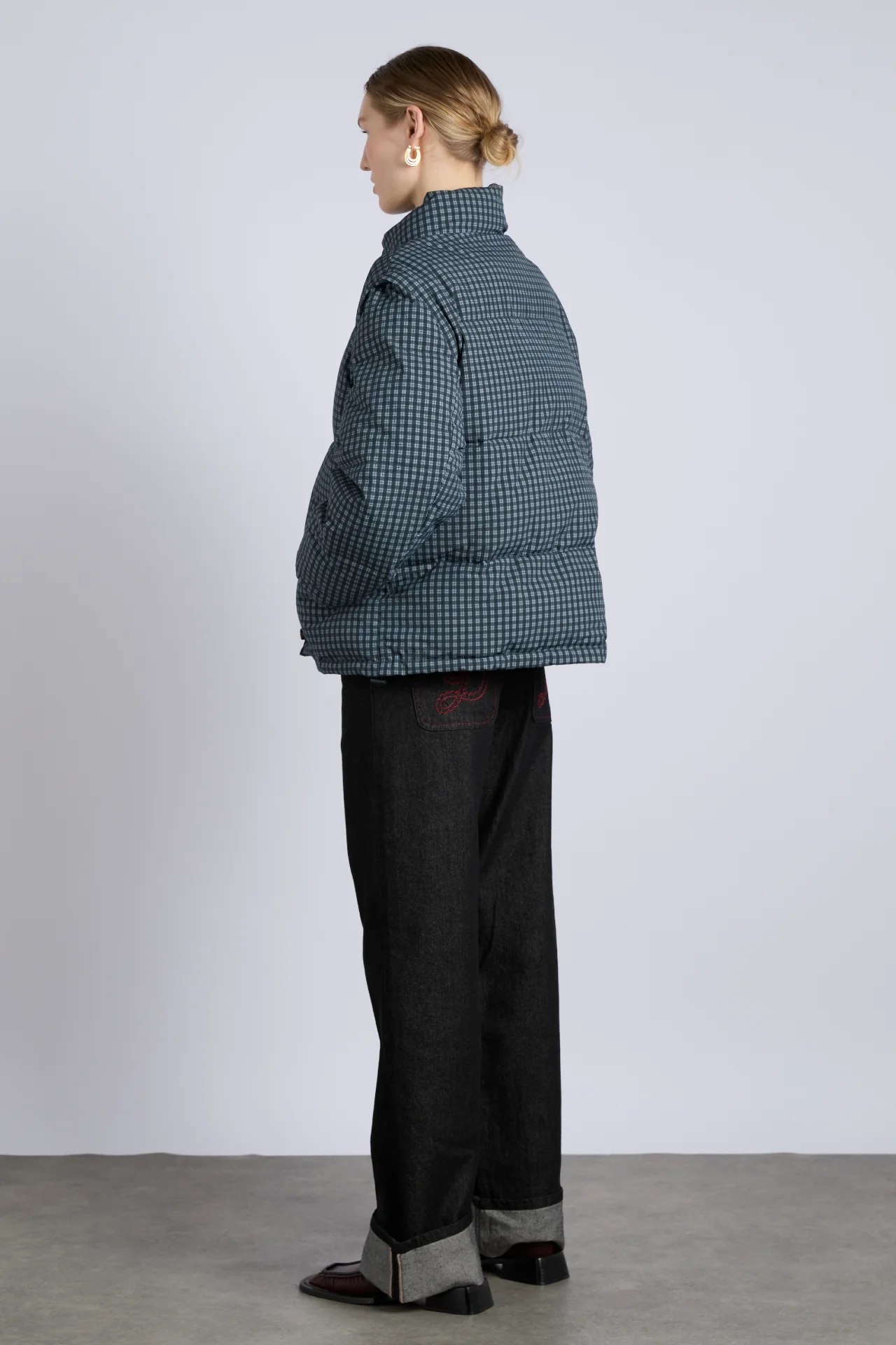 pearl check puffer - navy gingham