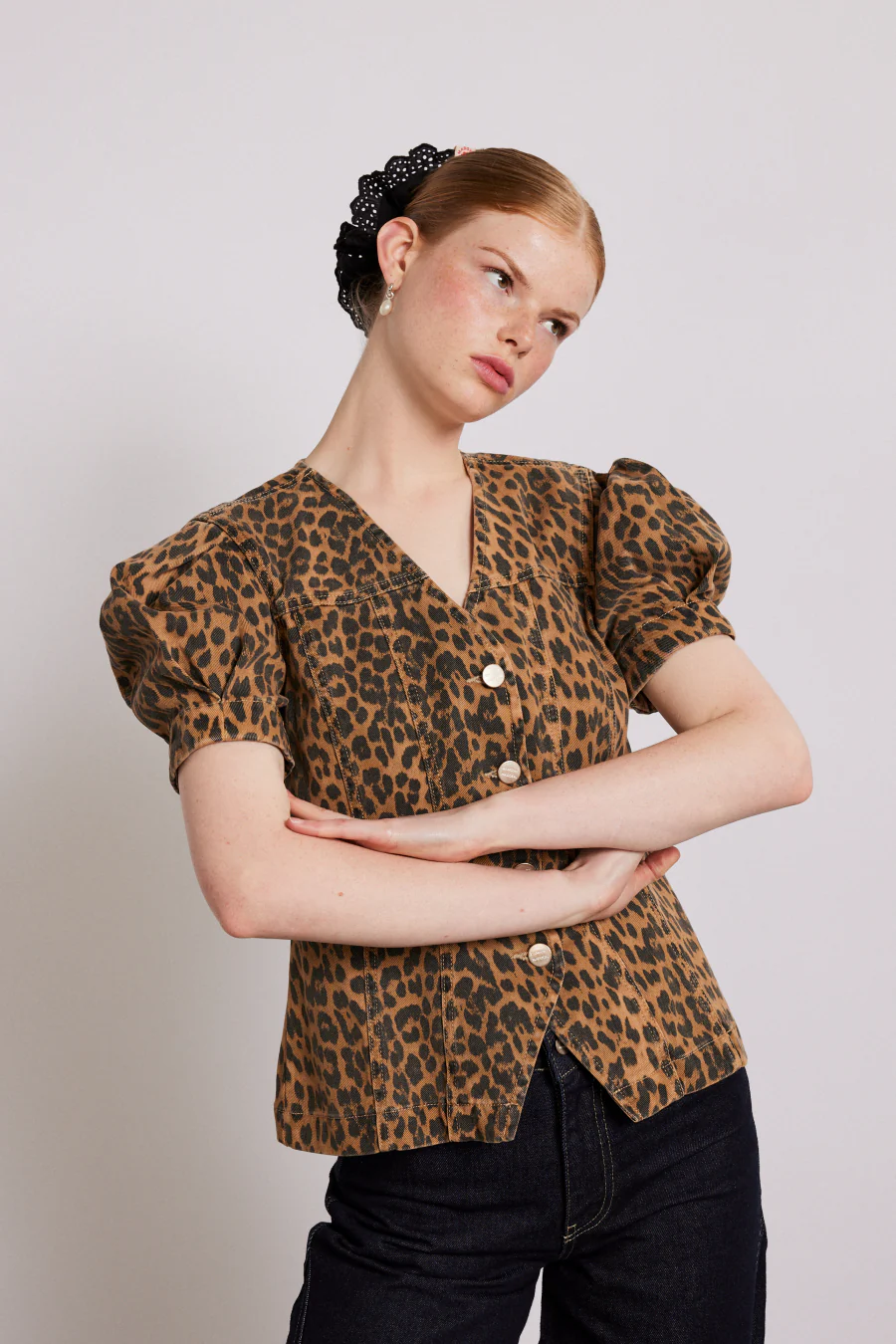 shell denim top - leopard