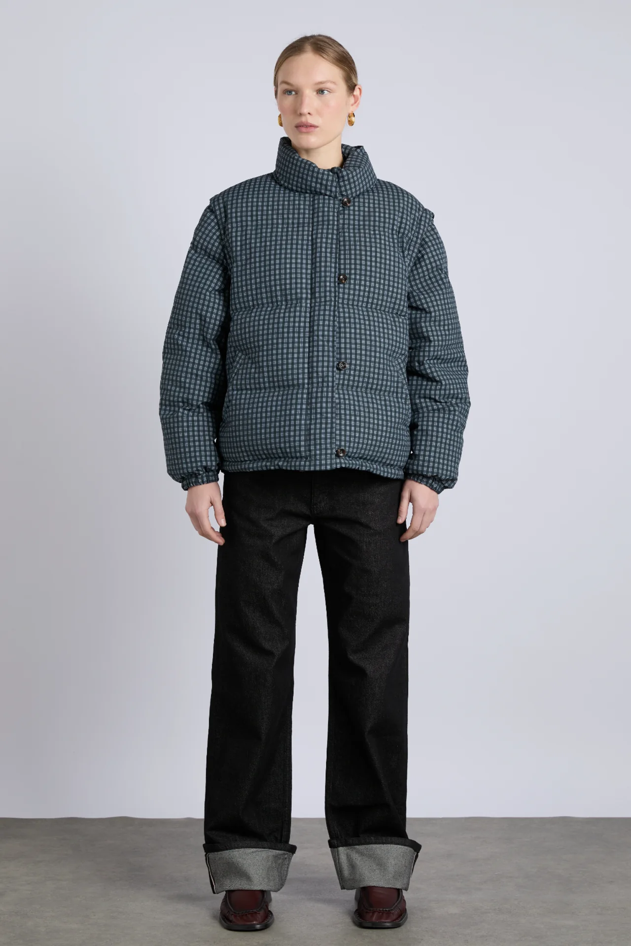 pearl check puffer - navy gingham