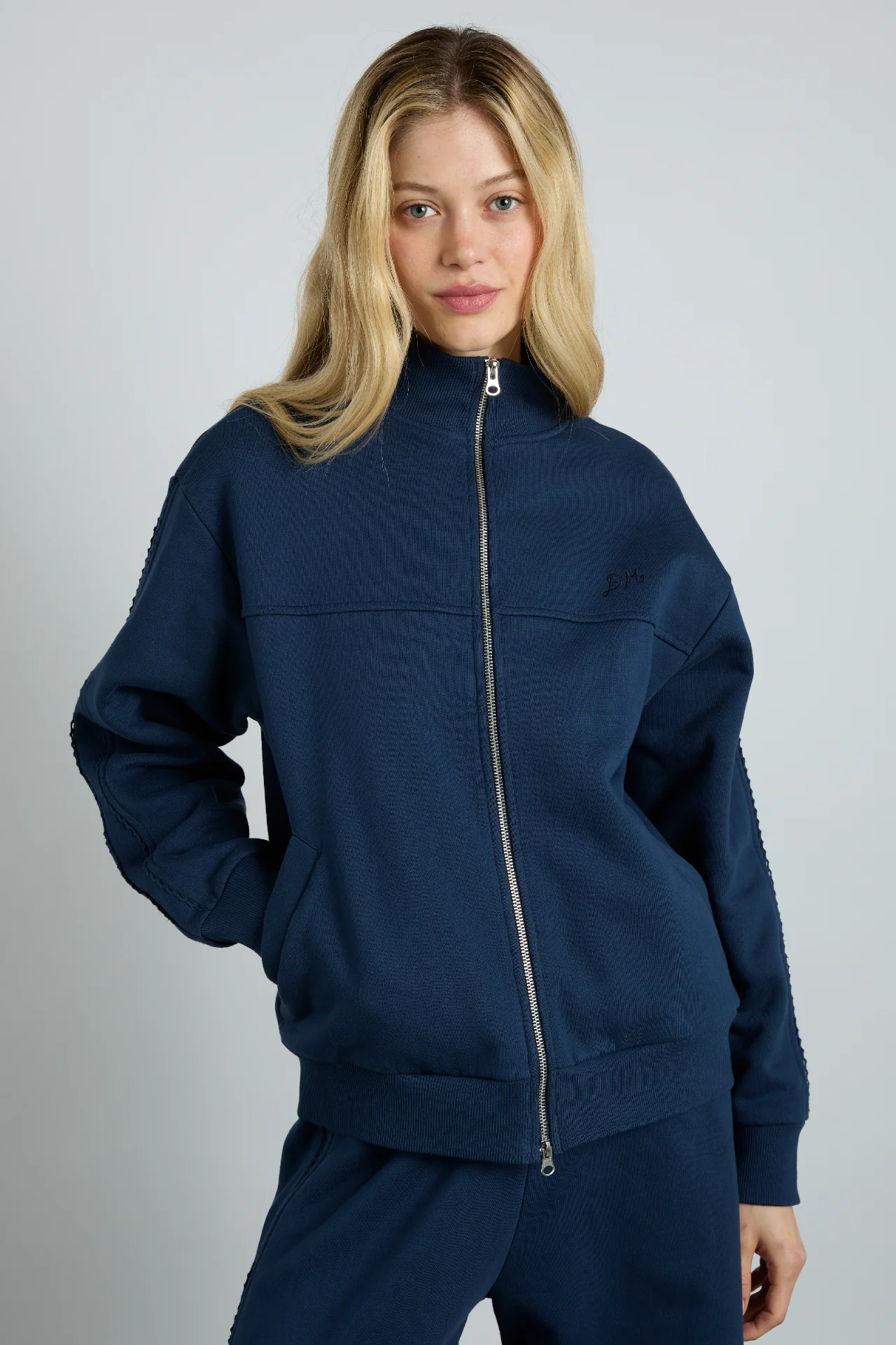 andie zip sweat with  crochet stripe - navy