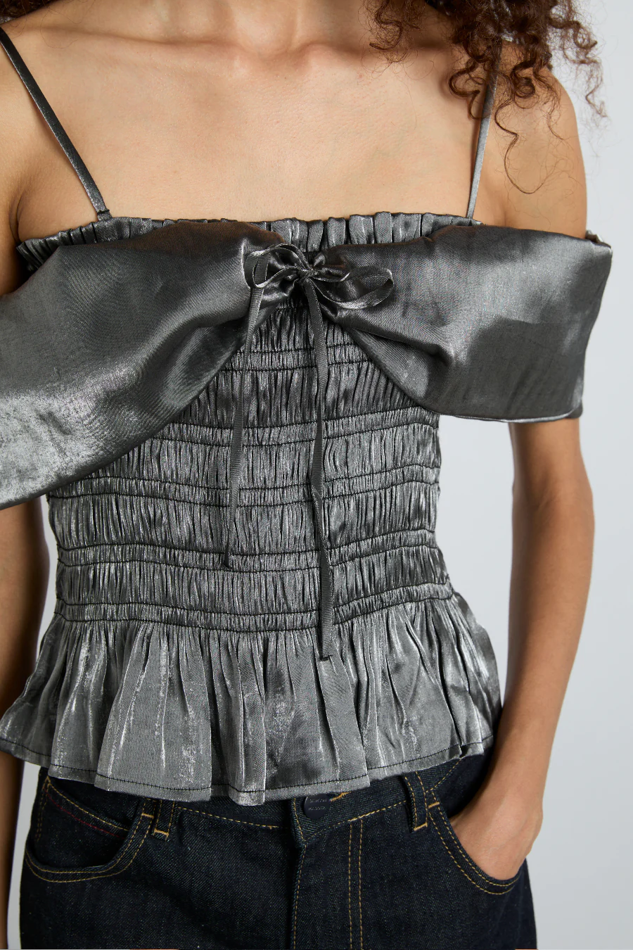 elsa shirred bardot cami - grey glass satin