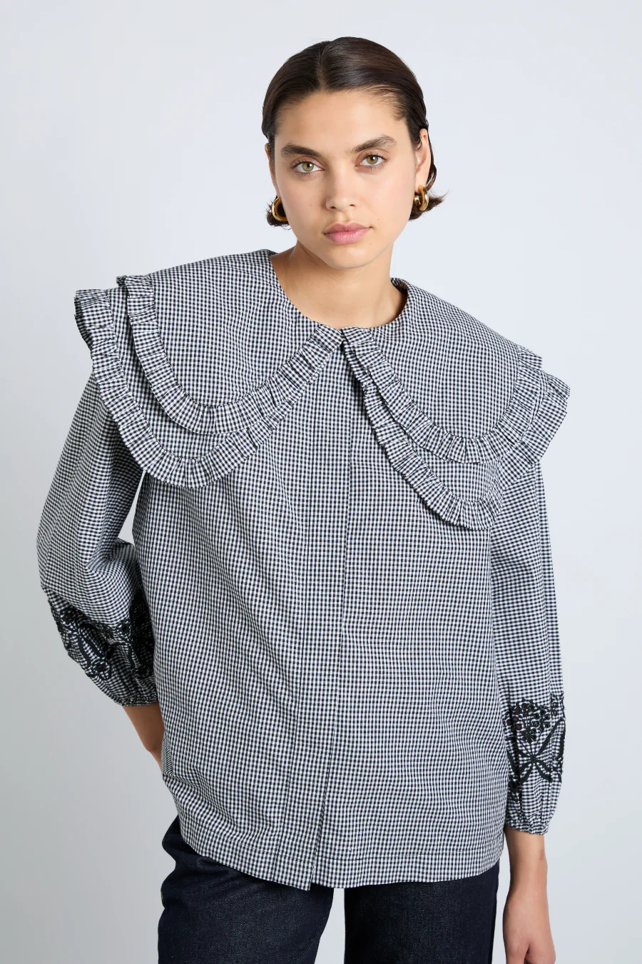 lois double collar blouse - black gingham