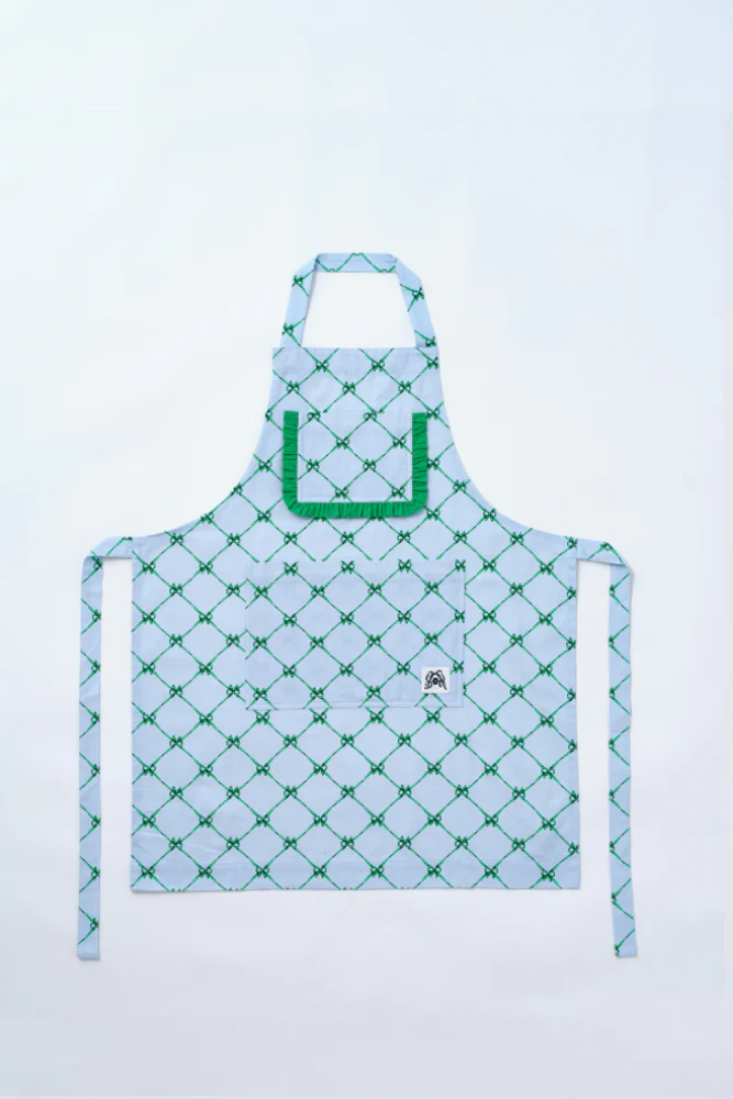 valerie apron - green & blue bow