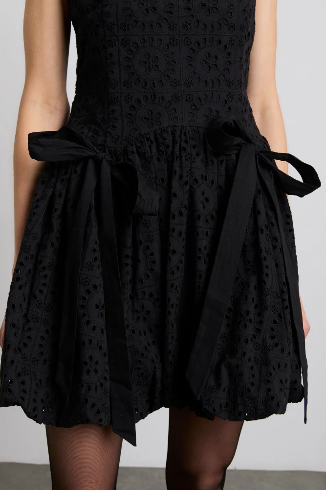 penelope embroidered bubble hem mini dress - black broderie