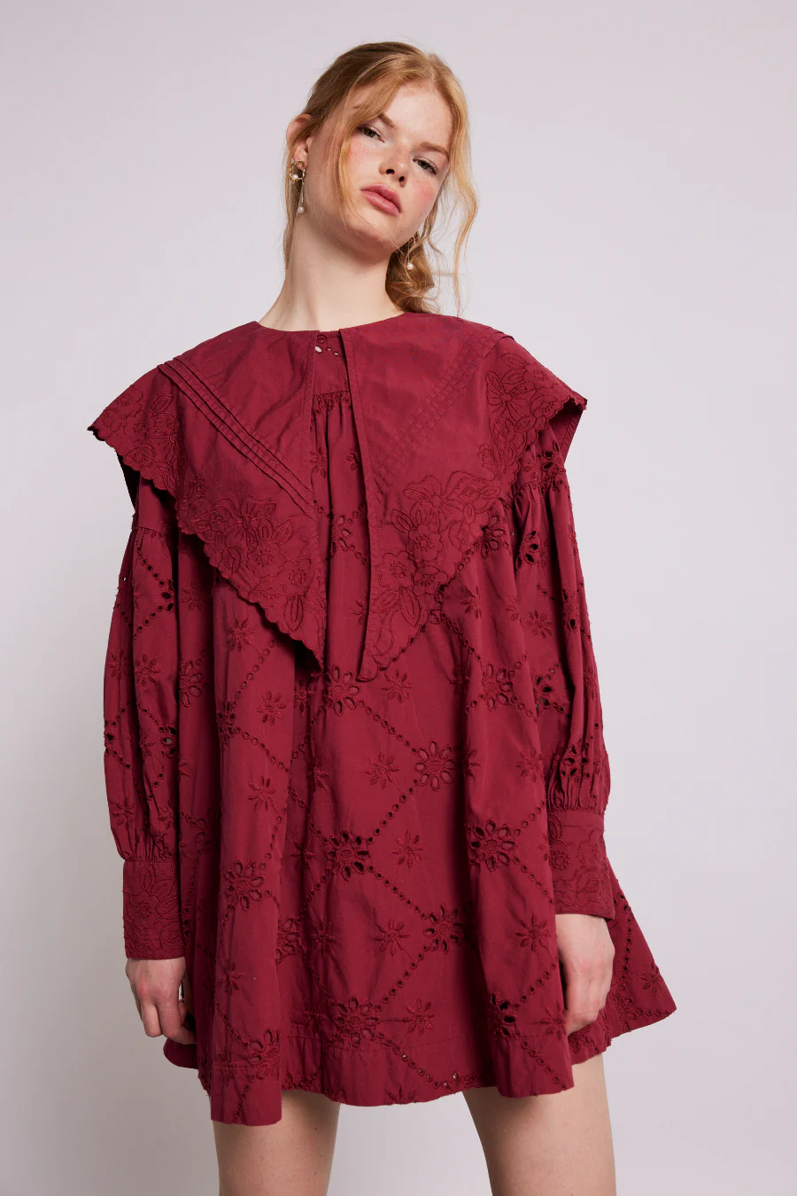 clementine embroidered collared mini dress - burgundy