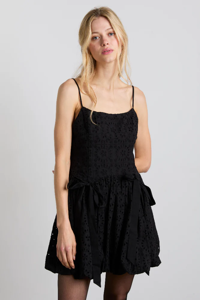 penelope embroidered bubble hem mini dress - black broderie
