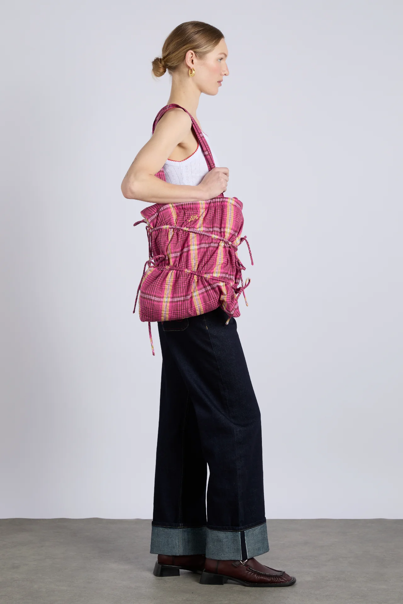 wavy bow tote bag in pink & khaki check