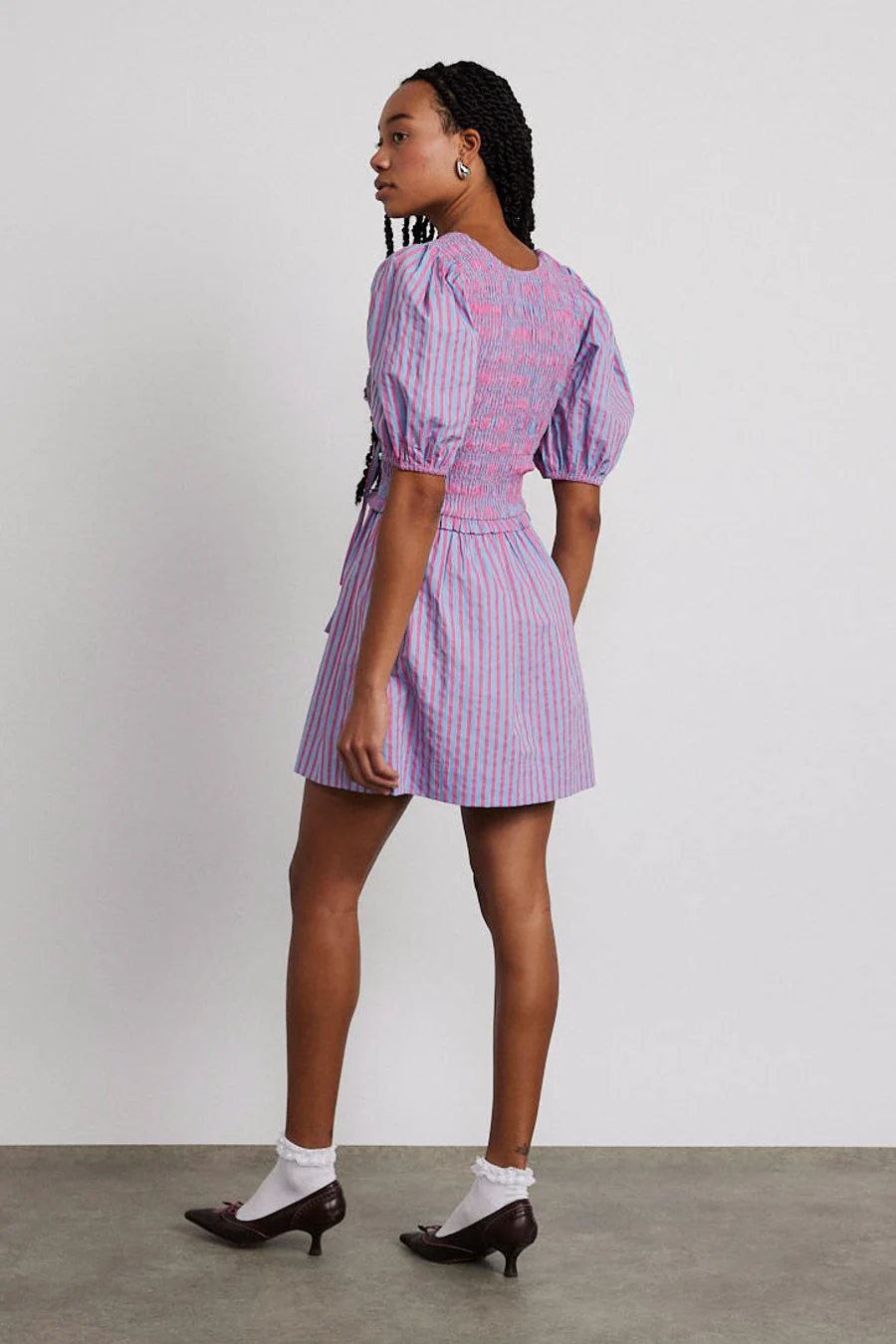 bluebelle shirred mini dress - pink & blue stripe