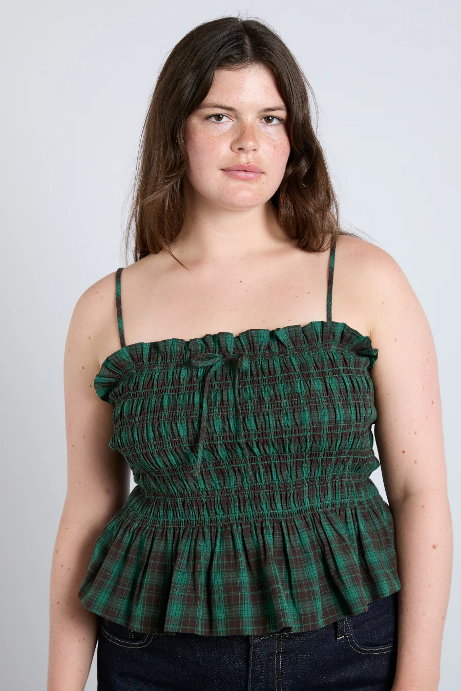 elsa shirred bardot cami - green check