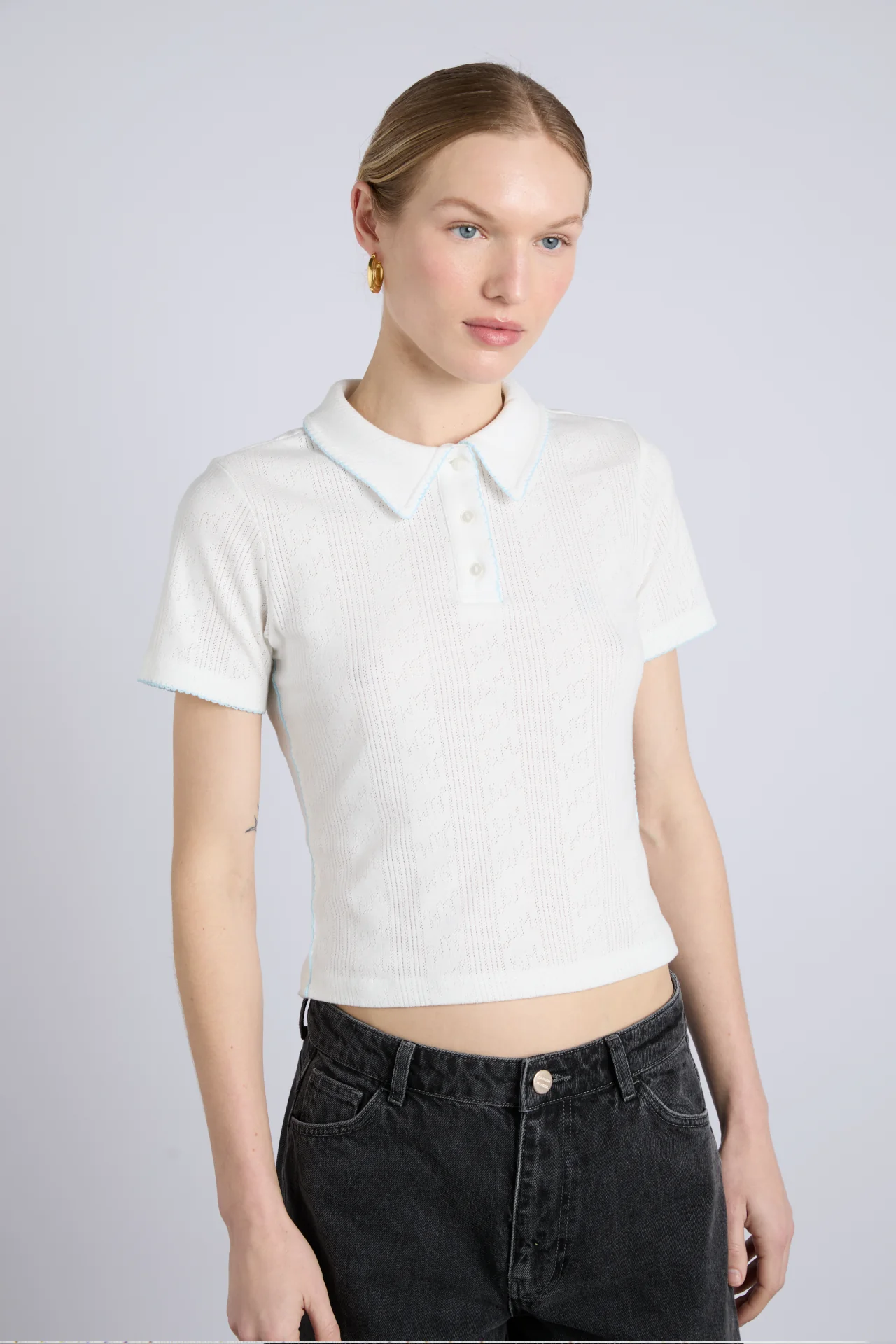 devon pointelle polo tee - white