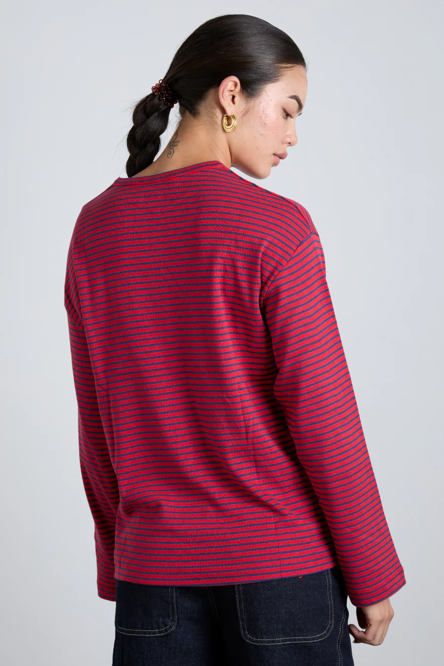 red and navy  stripe long sleeve top