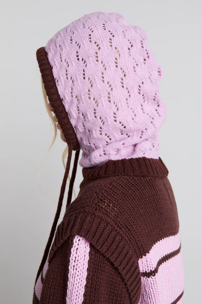 pointelle hood in pink & choc