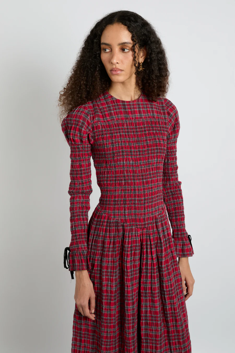 alice shirred midi dress- red check
